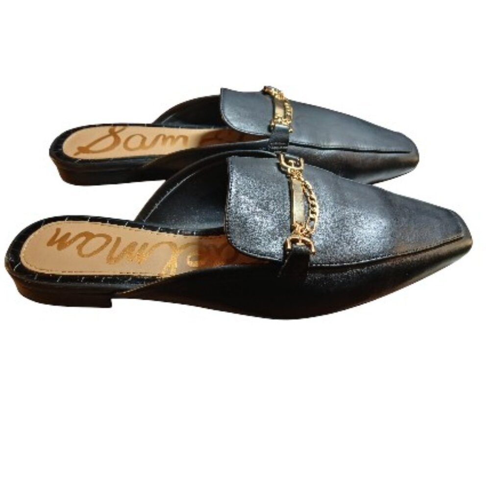 SAM EDELMAN Black Leather Mules Gold Bar & Chain 8M- like new. - Picture 8 of 8